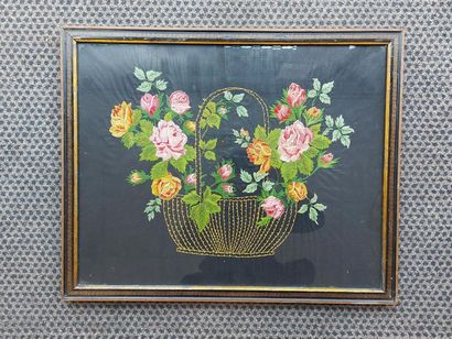 null Embroidery on black silk taffeta depicting a basket of roses from the Napoleon...