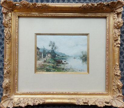 null Maurice LEVIS (1860-1940). Animated riverside. Oil on panel signed lower right....