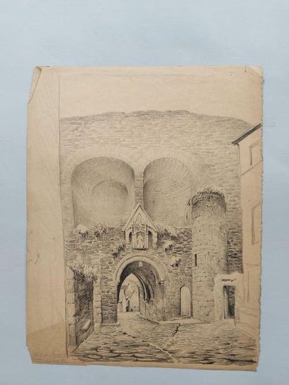 null French school 19th. Dinan, the Jerzual gate, 1883. Charcoal dated and located...
