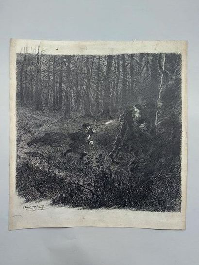 null 1) Charles MOREL (1861-1908). The ambush. India ink signed lower left and dedicated...