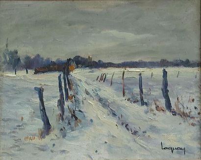 null Marcel LAQUAY (1925-2014). Snow in Preaux. Meadows in winter. 1981. Oil on canvas...