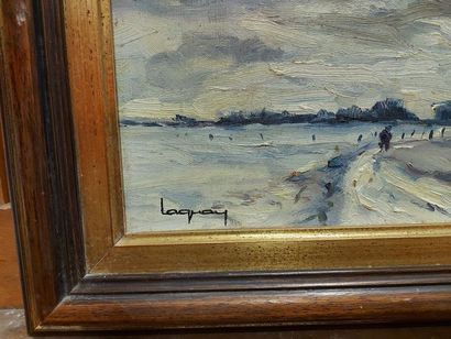 null Marcel LAQUAY (1925-2014). Snow in Preaux. Meadows in winter. 1981. Oil on canvas...