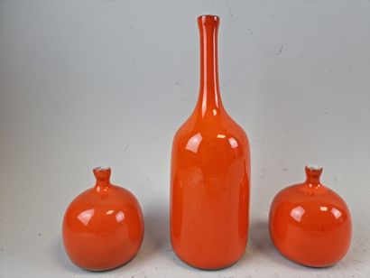null Jacques RUELLAND (1926-2008). SET of THREE stoneware vases with orange glaze....