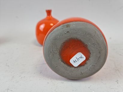 null Jacques RUELLAND (1926-2008). SET of THREE stoneware vases with orange glaze....