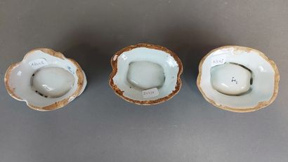 null ROUEN, XVIIIth century. 3 earthenware GODET SALONS of contoured oval shape (chips)....