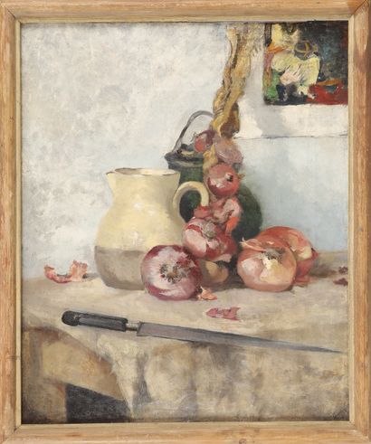 null FRENCH SCHOOL circa 1950. Still life with onions. Oil on canvas board. 60 x...