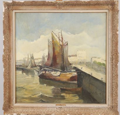 null Gustave HELINCK (1884-1954). Sailboats moored in the harbor. Oil on canvas monogrammed...