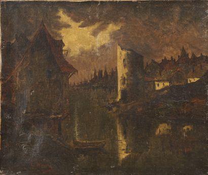 null L. HENRY, XXth CENTURY FRENCH SCHOOL. View of a river at sunset. Oil on canvas...