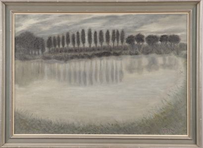 null Paul YZE, 20th century French school. Riverbank at sunset, 1979. Oil on isorel...