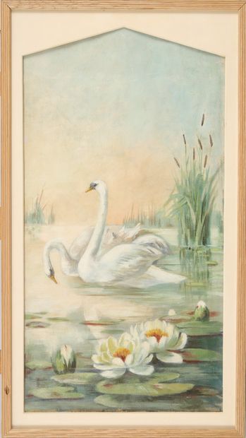 null FRENCH SCHOOL circa 1920. Suite of 4 panels depicting a pair of swans, a heron,...