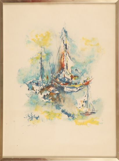 null Mario FAUSTINO-LAFETAT (né en 1925). Les bateaux de pêche. Huile sur toile signée...