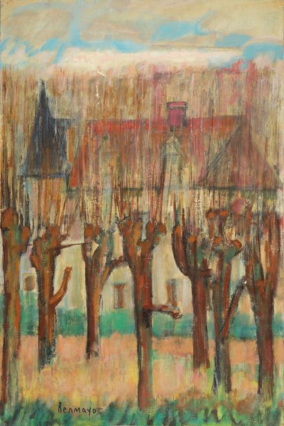 null Benjamin BENMAYOR (1920-1999). Pollarded trees in front of the castle. Oil on...