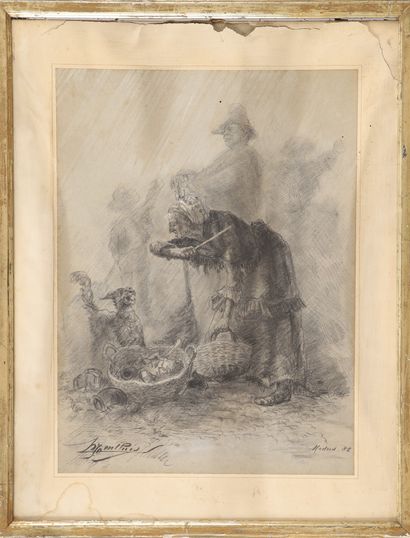 null H. TENTHUIS, 19th century French school. The Naughty Dog, 1888. Charcoal signed,...