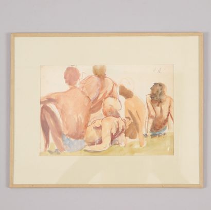 null Louis AUBREE (1906-1991). Watercolor of swimmers located in Chevreuse and dated...