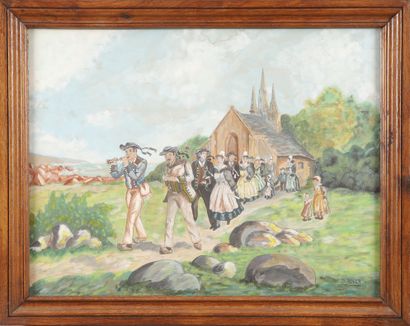 null Daniel ROGER, 20th century Breton school. Pardon in Brittany. Gouache and watercolor...