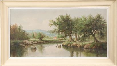null ROBERTY, French school XIX-XXth. The pond. The river. Pair of oils on canvas...