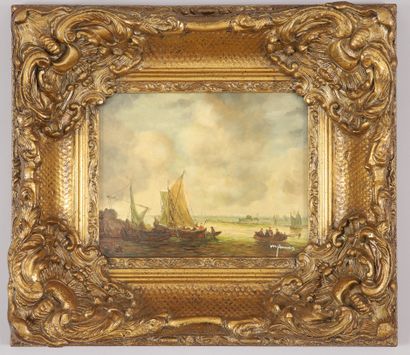 null IN THE TASTE of 17th century Holland. River scene. Oil on panel signed lower...