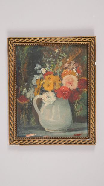 null Philippe LONG (1872-1957). Bouquet de fleurs. Huile sur carton signée en bas...
