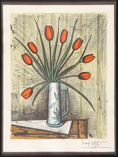 Bernard BUFFET (1928-1999). Vase de tulipes....