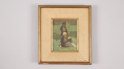 null Denise CALLE (born 1915). Family intimacy. Unsigned oil on panel. Provenance:...