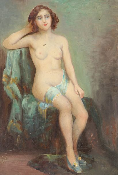 null Jean SORLAIN dit Paul DENARIE (1859-1942). Nude with green drapery. Oil on panel....