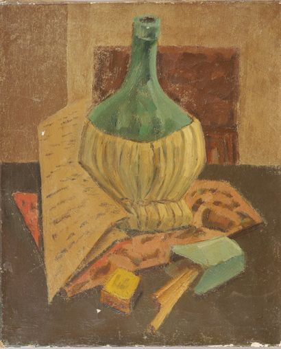 null FRENCH SCHOOL circa 1930. Still life with bottle. Oil on canvas. 55 x 46 cm...