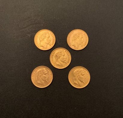 
Five coins 20 Francs GOLD NAPOLEON III LAURED...