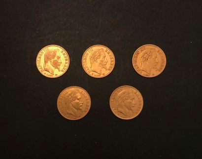 
Five coins 10 Francs GOLD NAPOLEON III LAURED...
