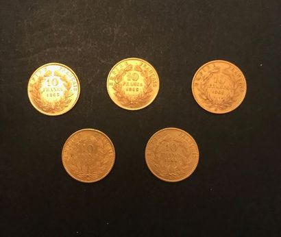 null 
Five coins 10 Francs GOLD NAPOLEON III LAURED HEAD.



Lot sold on designation...