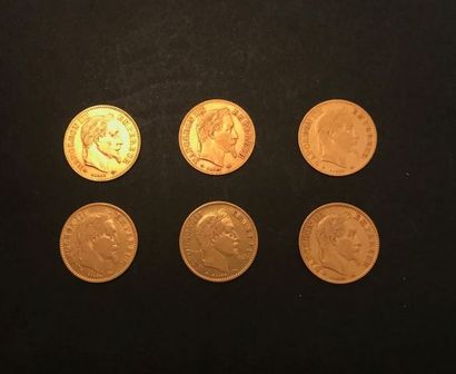 
Six pieces 10 Francs GOLD NAPOLEON III LAURED...