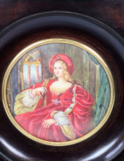 null M. RAY.

Portrait de Jeanne d'Aragon d'après Raphaël.

Miniature sur ivoire,...