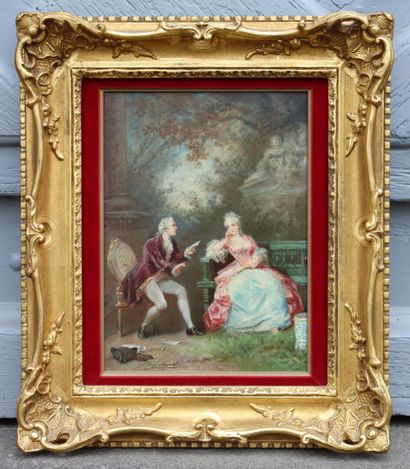 null B. DELAROCHE, fin du XIXème siècle.

Couple d'élégants dans un jardin.

Huile...