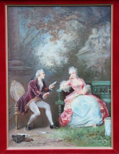 null B. DELAROCHE, fin du XIXème siècle.

Couple d'élégants dans un jardin.

Huile...