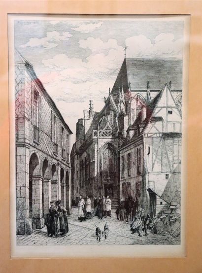 null Armand QUEYROY (1830-1893).

Place des Arcades in Moulins.

Engraving in black.

H_30...