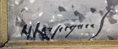 null Henri Joseph HARPIGNIES (1819-1916).

Paysage à la barque.

Lavis d'encre, signé...