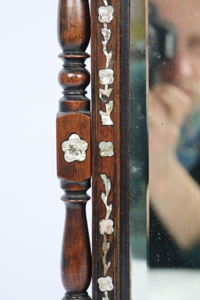 null CHINA.

Exotic wood and mother-of-pearl inlay table mirror, the pediment decorated...