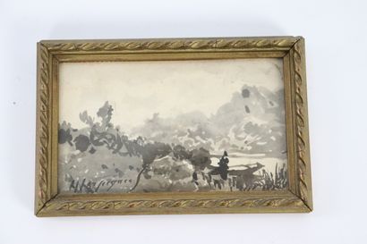 null Henri Joseph HARPIGNIES (1819-1916).

Landscape with a boat.

Ink wash, signed...