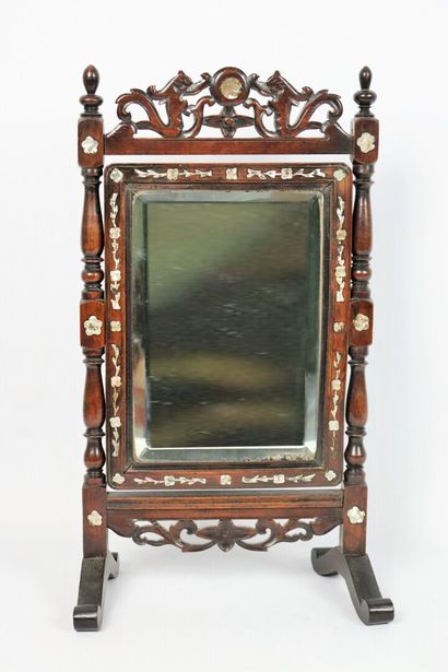 null CHINA.

Exotic wood and mother-of-pearl inlay table mirror, the pediment decorated...