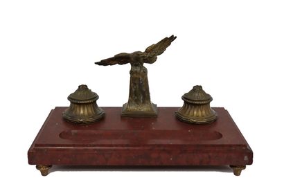 null Gilded regule inkwell composed of two inkwells and an eagle, resting on a cherry...
