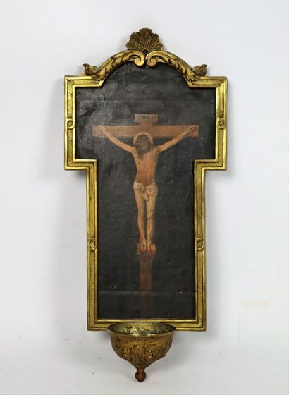 null Crucifixion.

Painted wood and gilt bronze stoup.

Oil on panel, the frame in...
