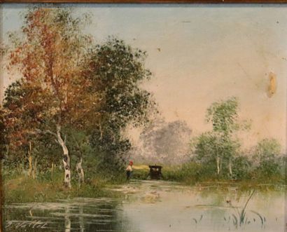 null Jean-Emile VALLET (mort en 1899).

Paysage au pêcheur.

Huile sur toile, signée...