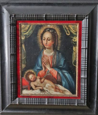 null French school of the XVIIth century.

Virgin and child.

Oil on panel.

H_28,5...