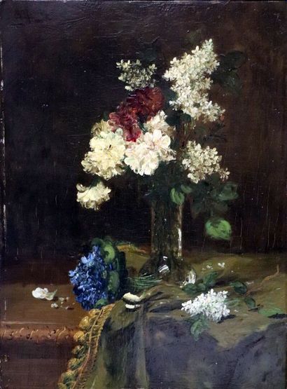 null Alfred ROUBY (1849-1909).

Vase of flowers, on a partially draped entablature.

Oil...