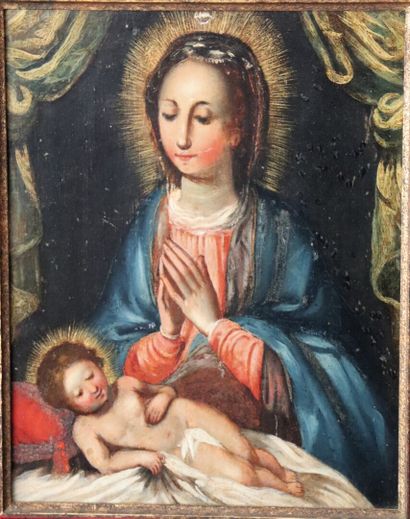 null French school of the XVIIth century.

Virgin and child.

Oil on panel.

H_28,5...