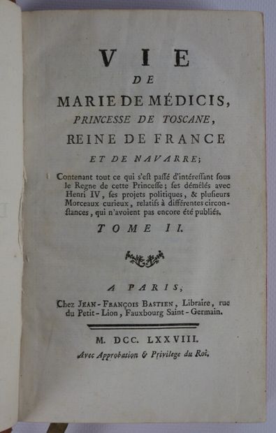 null VIE DE MARIE DE MÉDICIS. Paris, Bastien, 1778. 3 vol. in-8, veau ép., dos à...