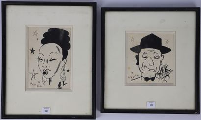 null SERGE. 2 dessins originaux sous cadre à l'encre de Chine, signés : Fernand Raynaud,...