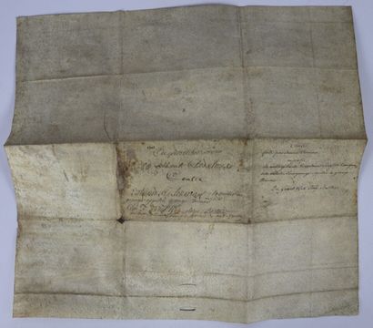 null CHARTE MÉDIÉVALE. Charte manuscrite en latin sur deux folios de parchemin cousus...