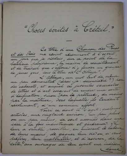 null AUTOGRAPHES. MONTESQUIOU-FEZENSAC (Robert de).Choses écrites à Créteil. manuscrit...