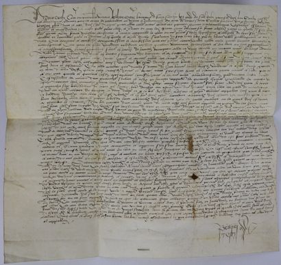null CHARTE MÉDIÉVALE. Charte manuscrite en latin sur deux folios de parchemin cousus...