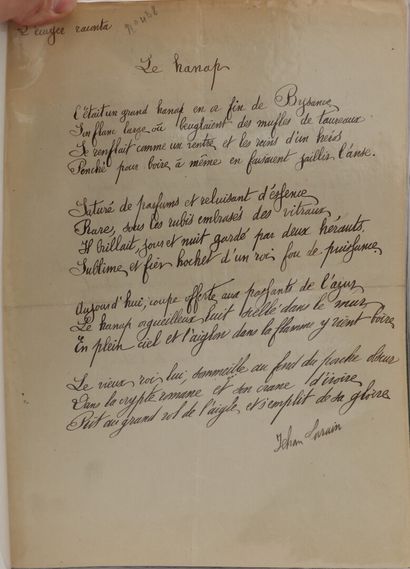 null AUTOGRAPHES. LORRAIN (Jean). 3 poèmes manuscritsur 2 feuilles in-4, signés Jehan...